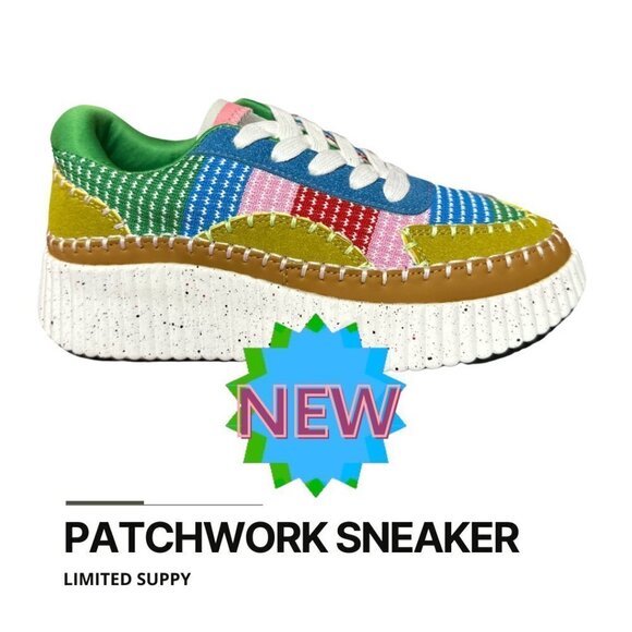 Kaleidoscope Kicks: Multicolor Knitted Patchwork Sneakers - Picture 2 of 9